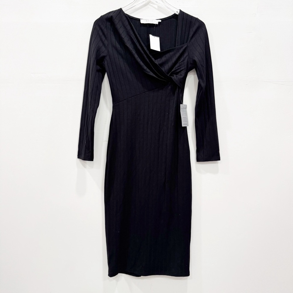 ASTR The Label Long Sleeve Ribbed Wrap Midi Dress Black Sheath Twist Bodycon M
